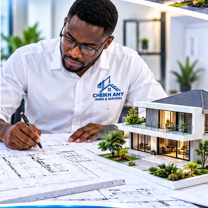 Architecte de Cheikh Amy travaillant sur des plans à côté d’une maquette de villa