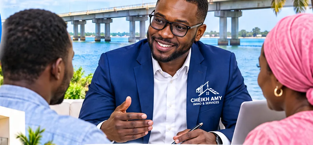 Conseiller immobilier Cheikh Amy en rendez-vous avec un couple de clients, le pont de Foundiougne en arrière-plan